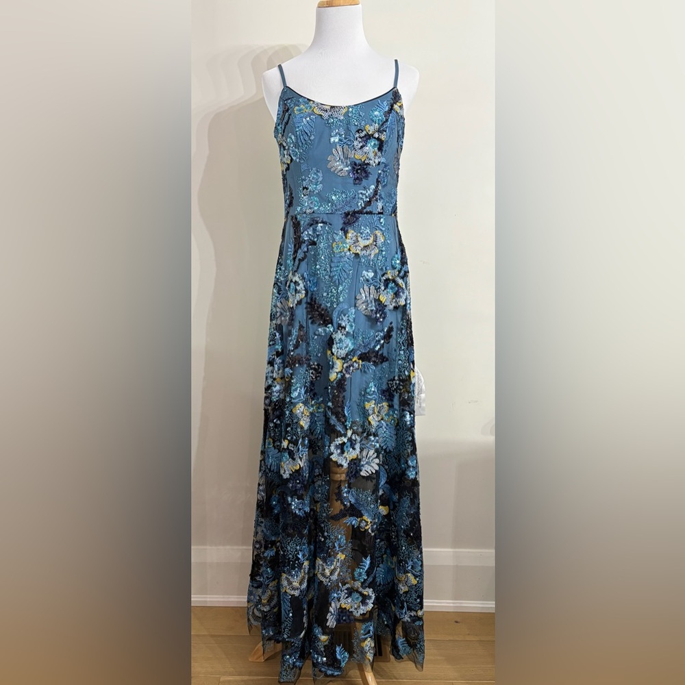 Dress The Population Umalina Sequin Floral Fit & Flare Gown Blue Sz M - Picture 3 of 14